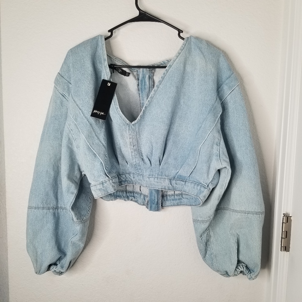 Nasty Gal V Neck Volume Sleeve Denim Crop Top